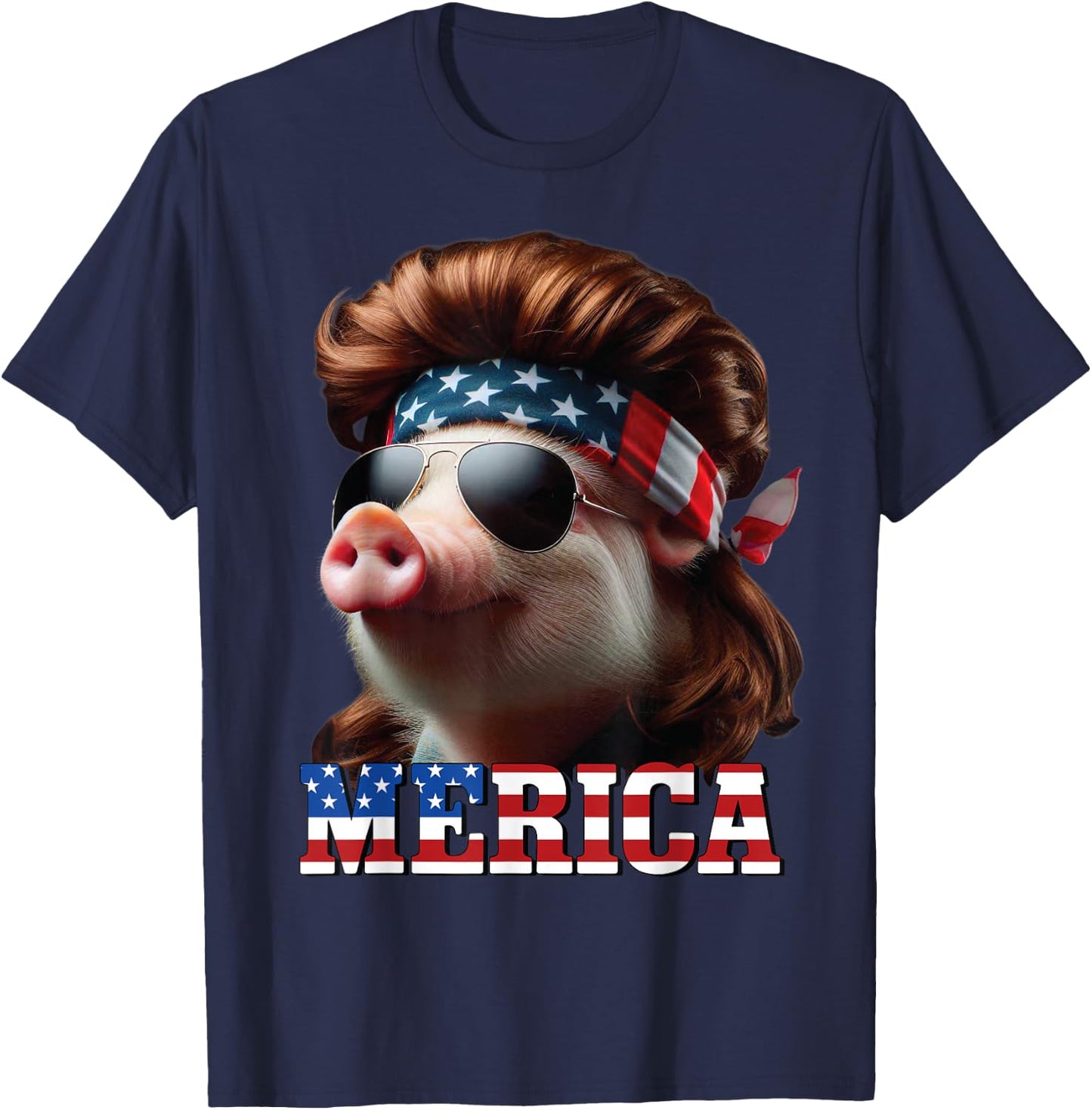 Pig Merica Mullet 4th of July And Father's Day Man Funny T-Shirt - T-Shirt | Navy