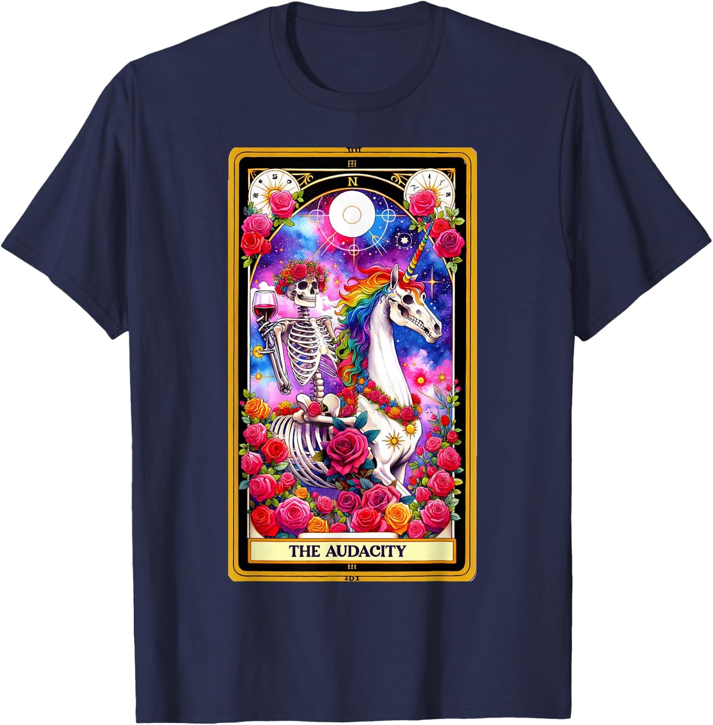 The Audacity Tarot Card Skeleton Skelly Unicorn Wine Women T-Shirt - T-Shirt | Navy