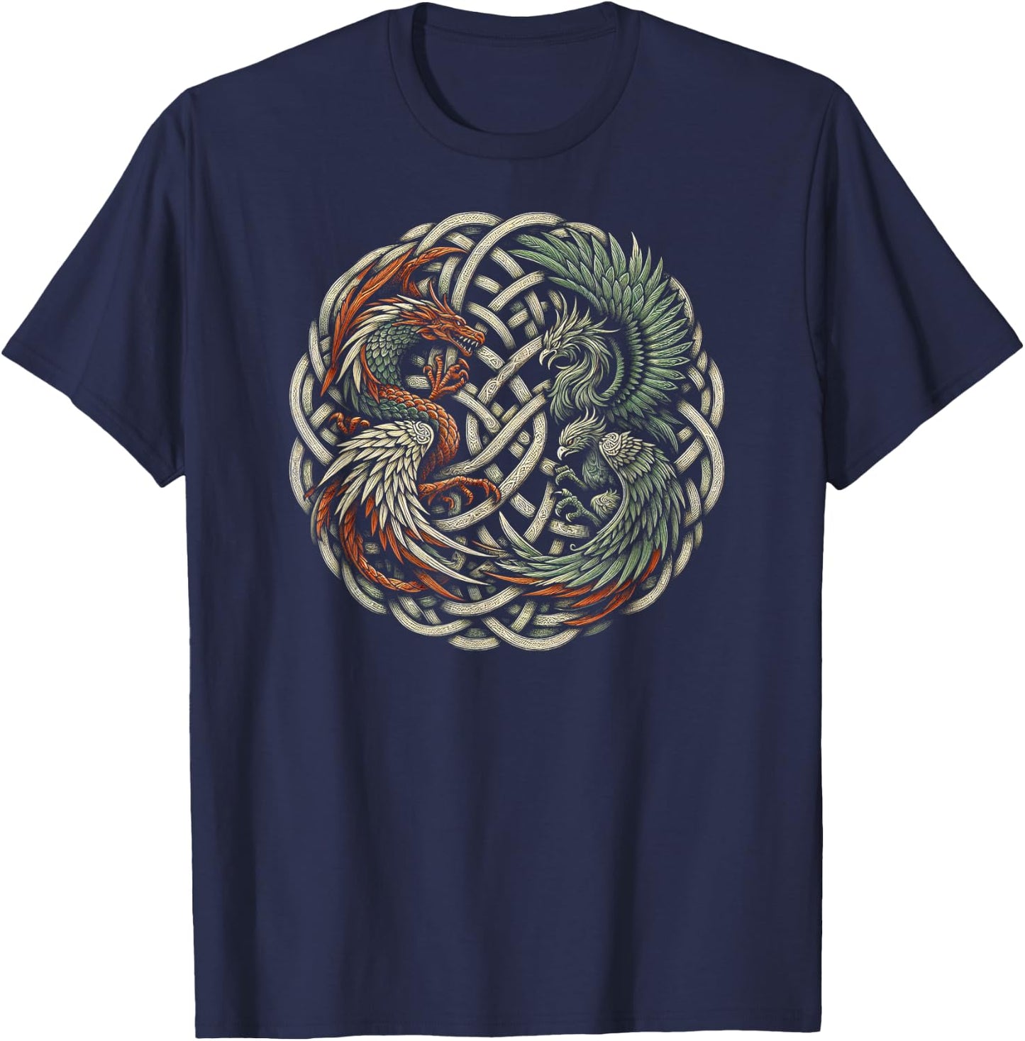 Intricate Celtic Knot with Dragon and Phoenix T-Shirt - T-Shirt | Navy