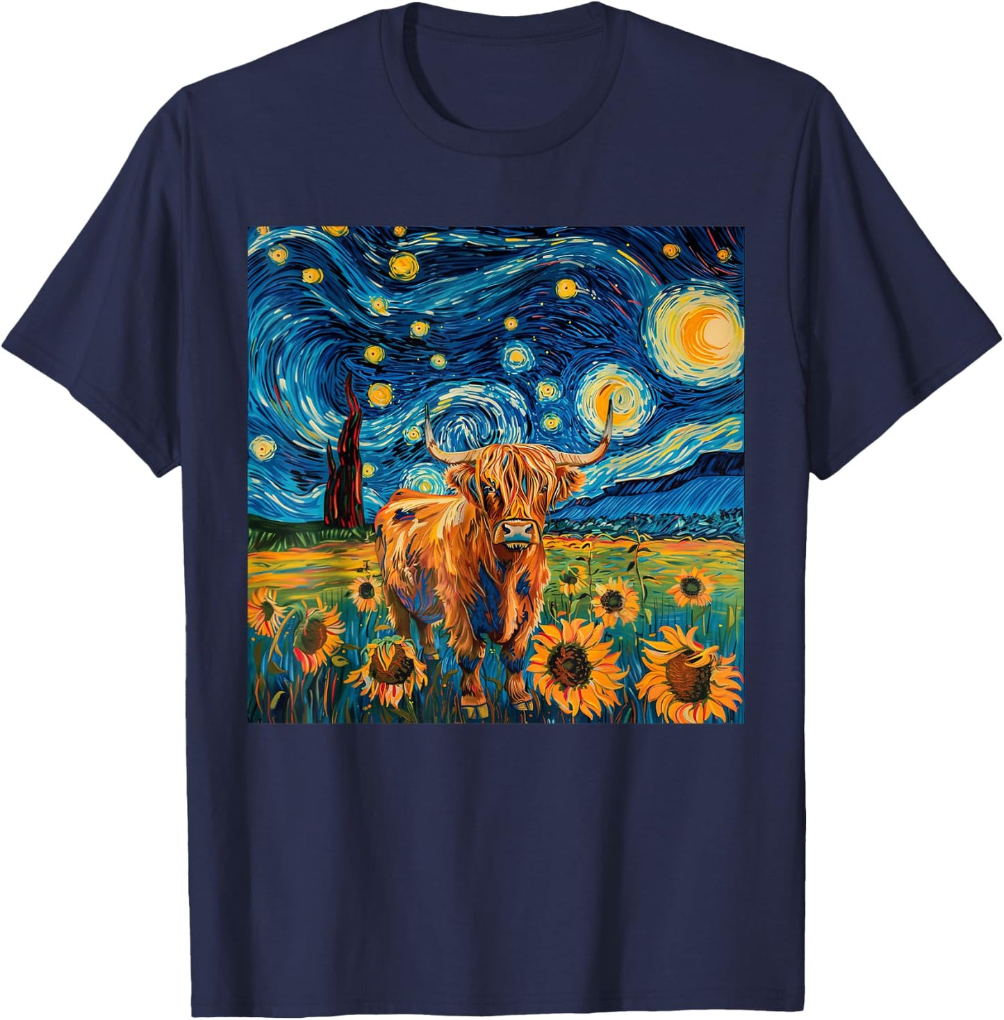 Aesthetic Scottish Highland Cow With Sunflowers Starry Night T-Shirt - T-Shirt | Navy
