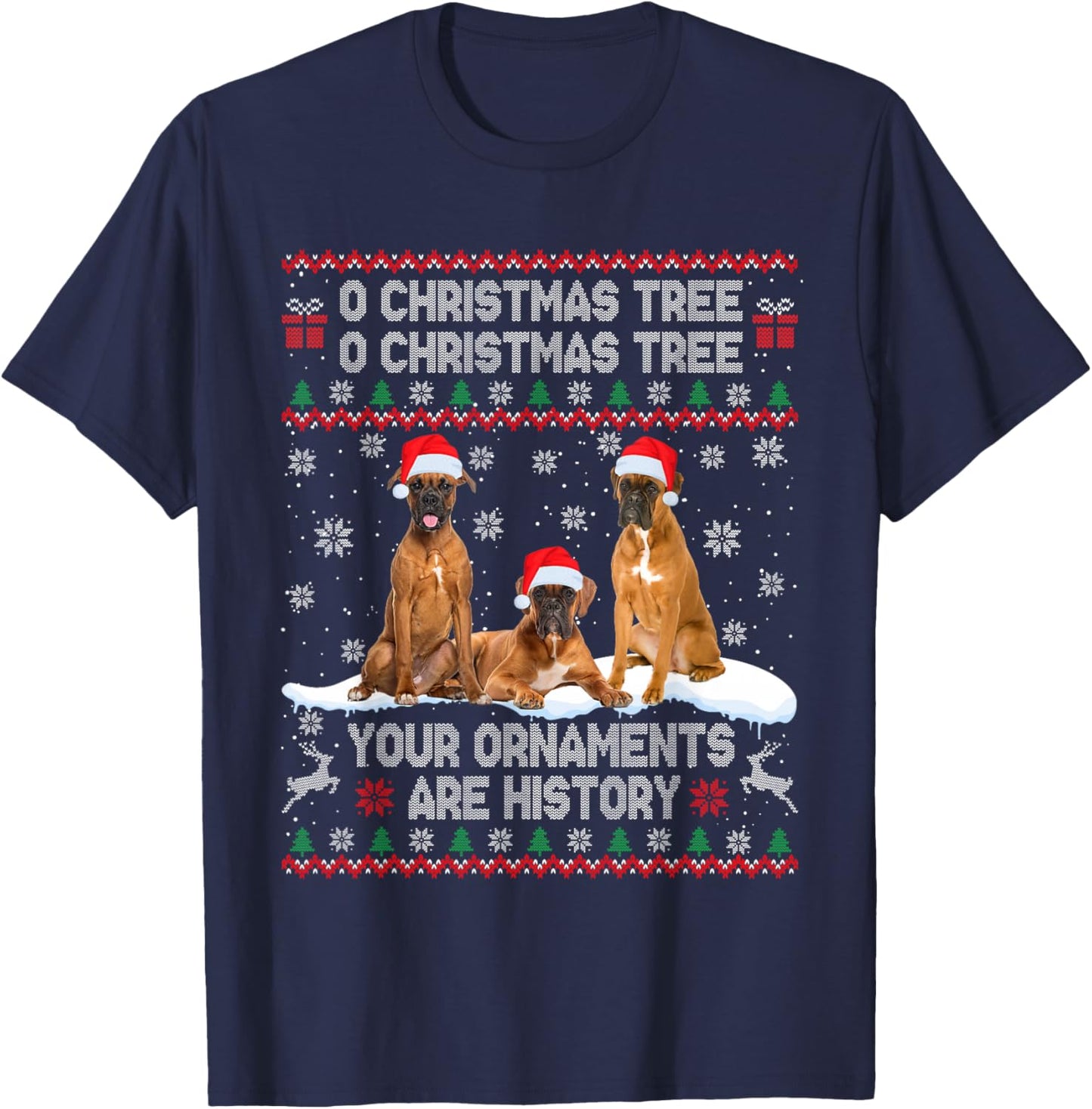 Boxer Dog Ugly Sweater Christmas Light Xmas Pajama T-Shirt - T-Shirt | Navy