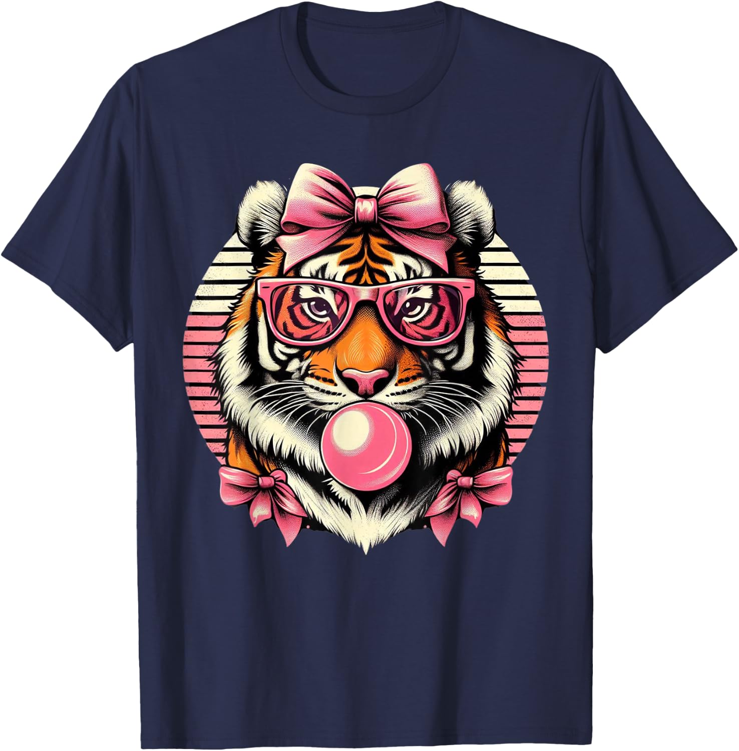 Retro Tiger Wearing Bow pink Glasses Blowing Pink Bubble Gum T-Shirt - T-Shirt | Navy