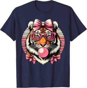 Retro Tiger Wearing Bow pink Glasses Blowing Pink Bubble Gum T-Shirt - T-Shirt | Navy