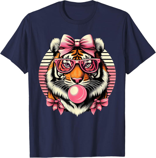 Retro Tiger Wearing Bow pink Glasses Blowing Pink Bubble Gum T-Shirt - T-Shirt | Navy