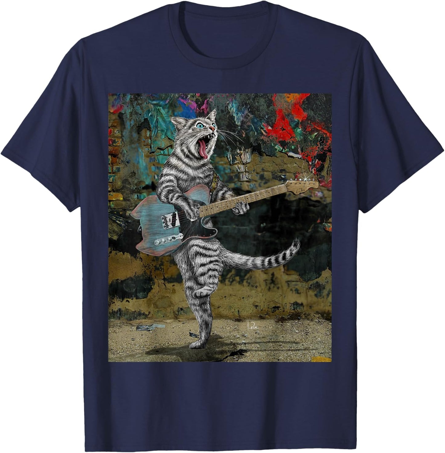 Cat Guitar Buskers Electric Guitar Player Funny Cute Kitty T-Shirt - T-Shirt | Navy
