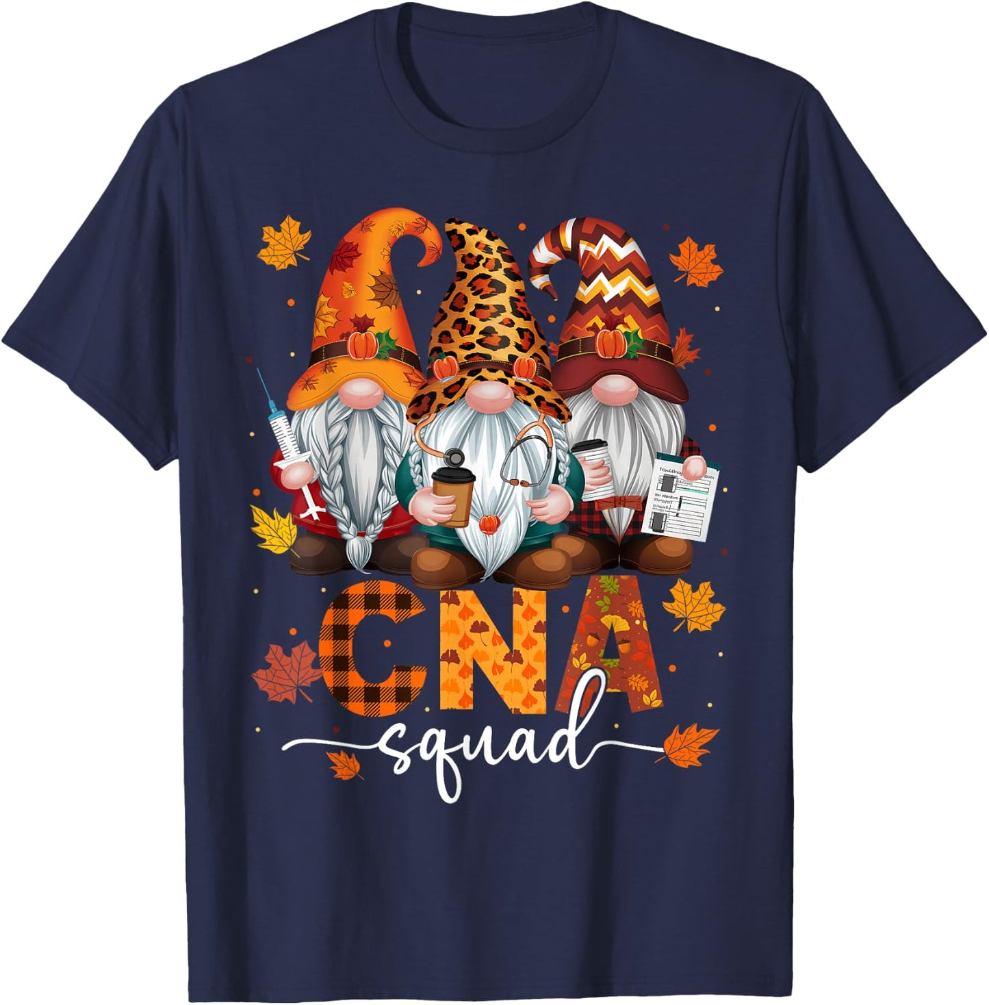 CNA Squad Gnome Nurse Leopard Thanksgiving Stethoscope T-Shirt - T-Shirt | Navy