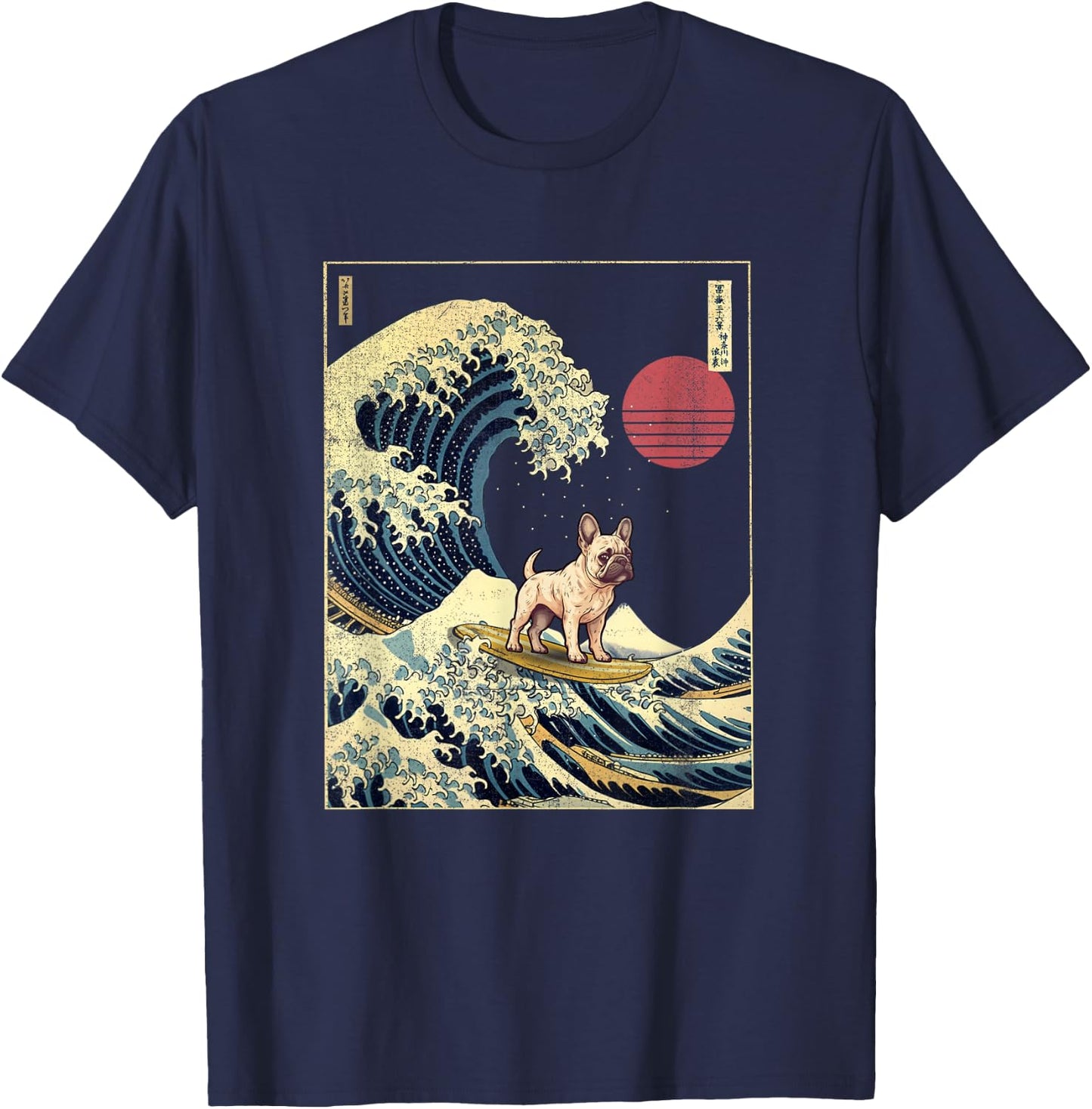 French Bulldog Japanese Kanagawa Wave Funny Surf Dog T-Shirt - T-Shirt | Navy
