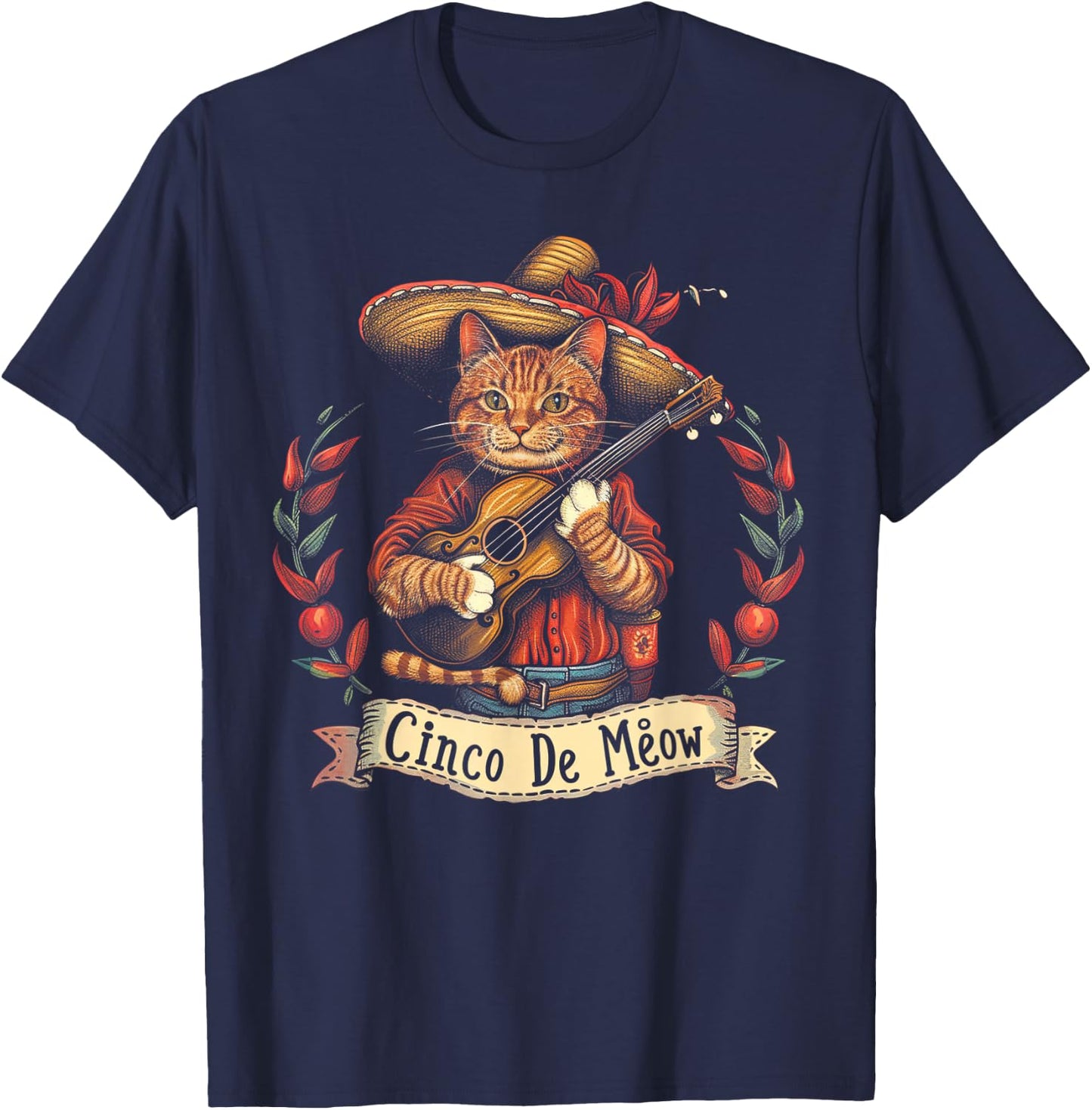 Cat - Cinco De Meow Mayo Mexican Fiesta T-Shirt - T-Shirt | Navy