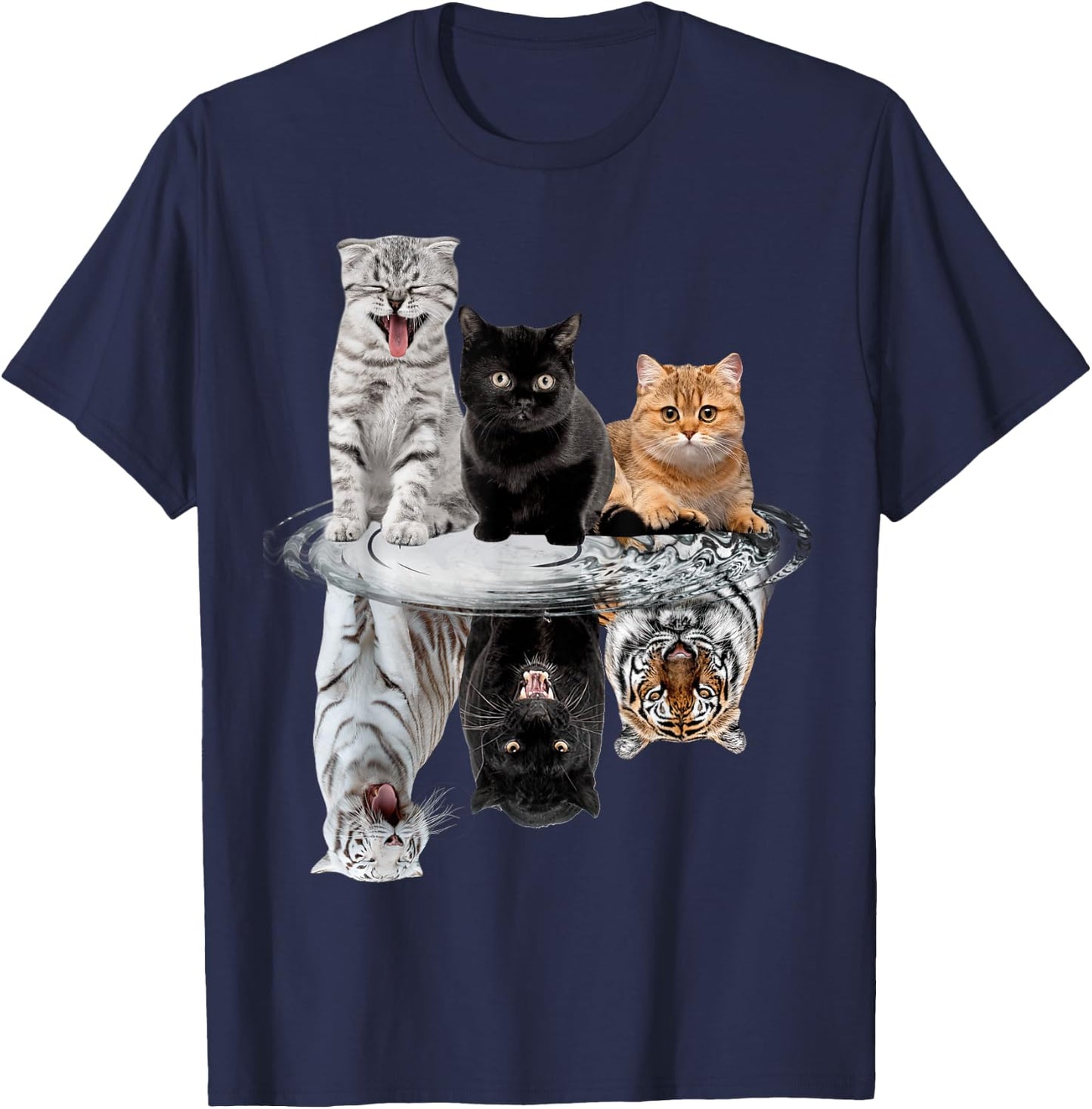 Three Cats Kittens Reflection Tiger Puma Leopard T-Shirt - T-Shirt | Navy