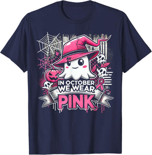 October We Wear Pink Ghost Witch Halloween T-Shirt - T-Shirt | Navy