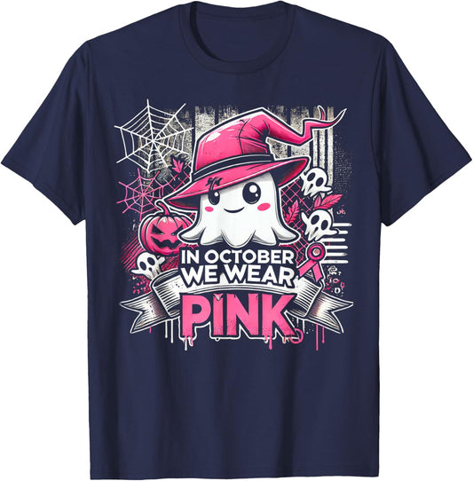 October We Wear Pink Ghost Witch Halloween T-Shirt - T-Shirt | Navy