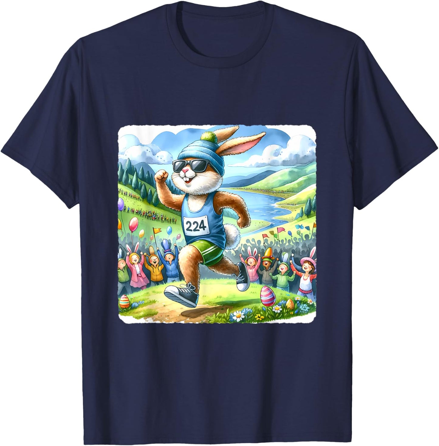 Rabbit Running Marathon With Scenic Landscape. Easter Racing T-Shirt - T-Shirt | Navy