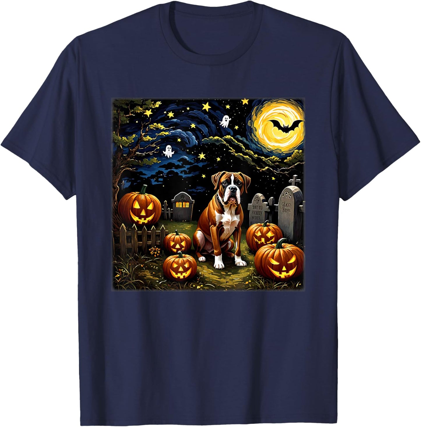 Spooky Halloween Boxer Dog Starry Night Women Kids T-Shirt - T-Shirt | Navy