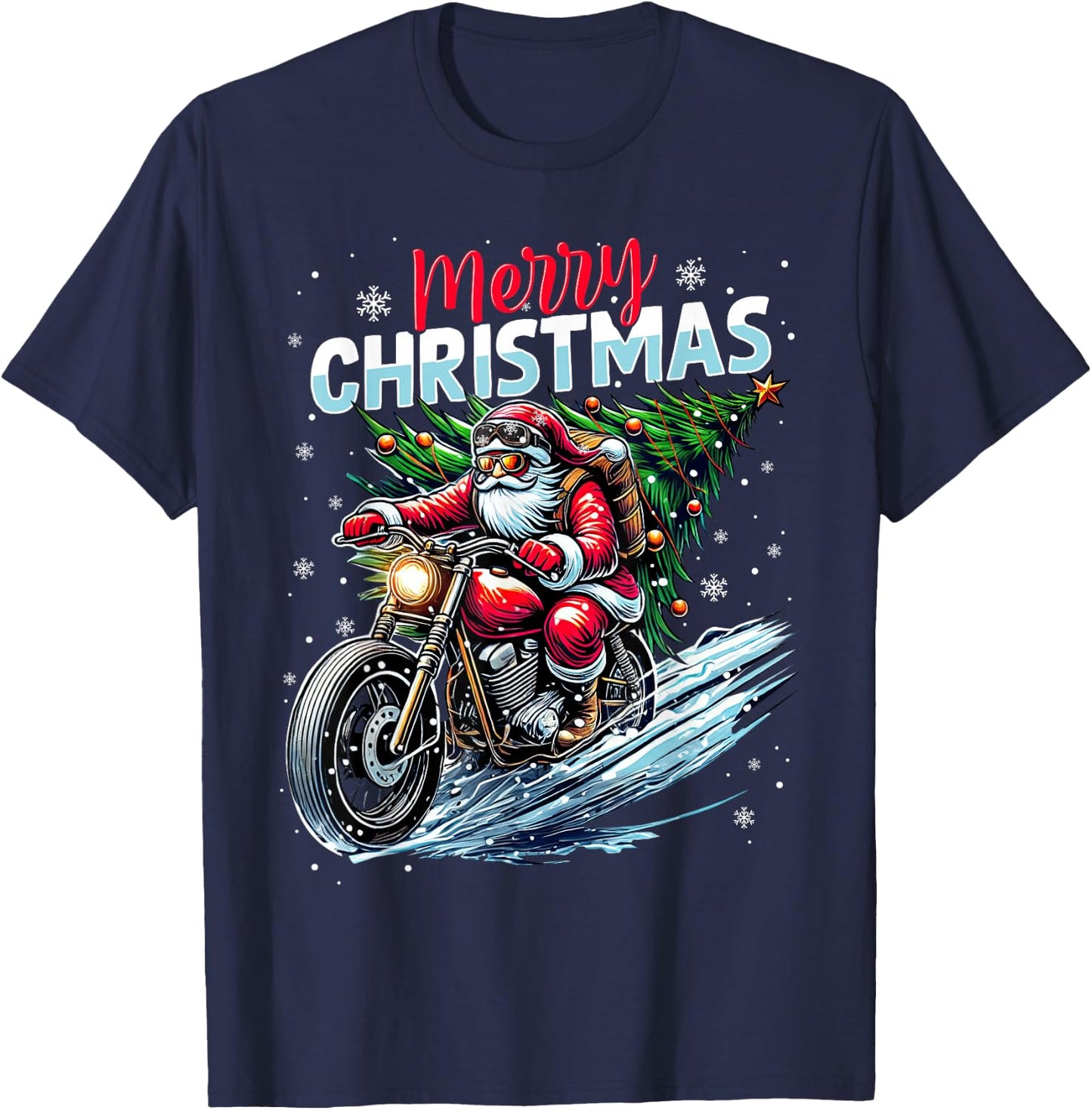 Merry Christmas Santa Riding Motorcycle Bike Biker Xmas 2025 T-Shirt - T-Shirt | Navy