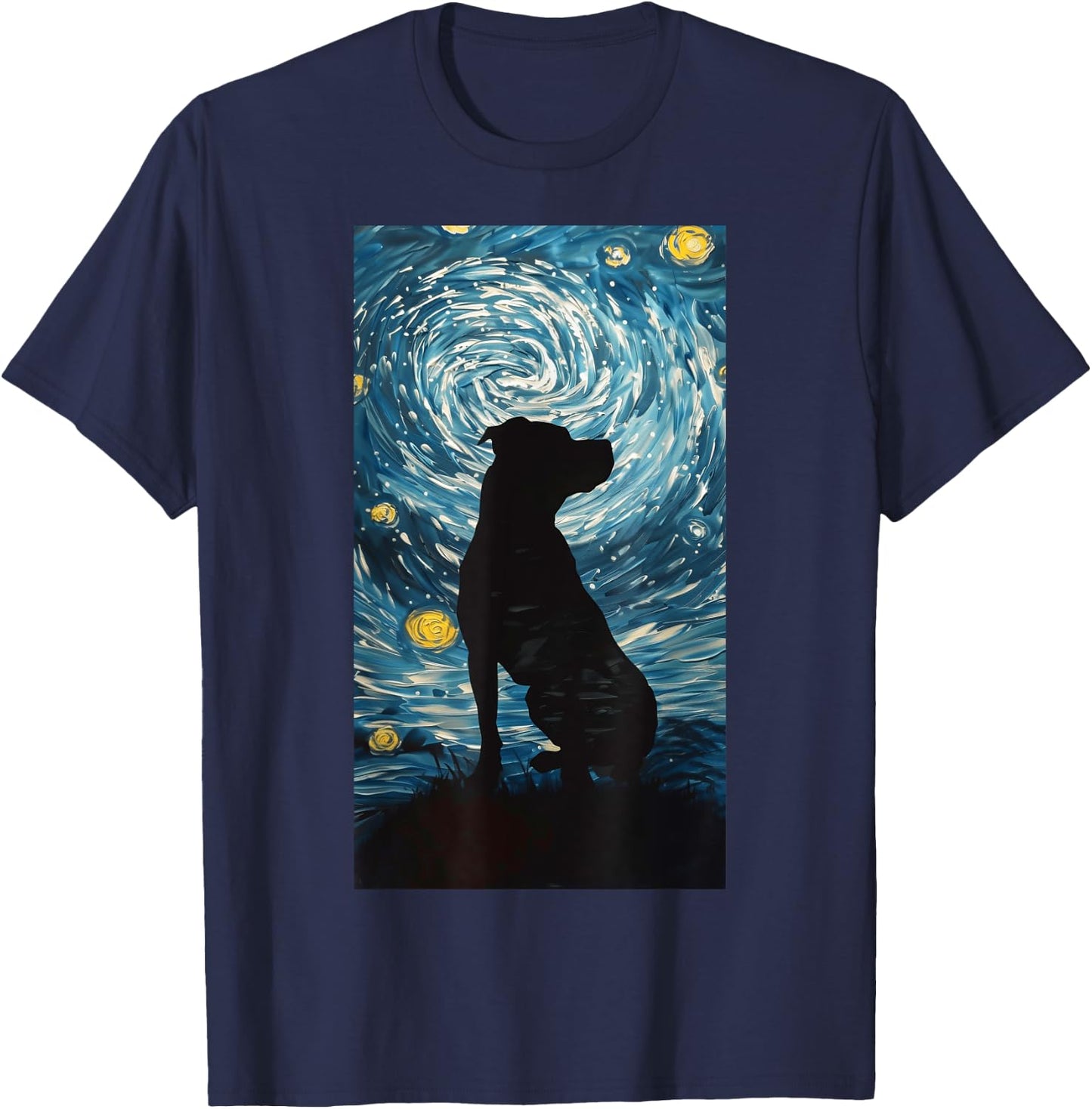 Silhouette Pitbull Against Dog Starry night T-Shirt - T-Shirt | Navy