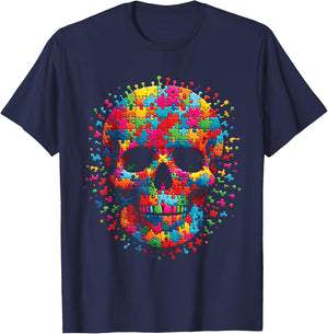 Skull Autism Awareness Autistic Supporter Men Women Boy Kids T-Shirt - T-Shirt | Navy