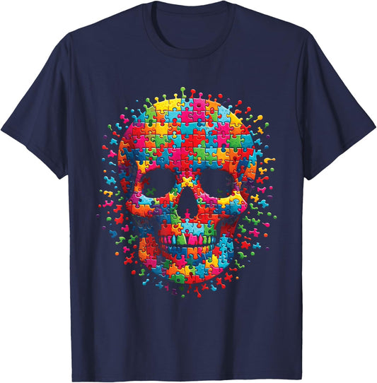 Skull Autism Awareness Autistic Supporter Men Women Boy Kids T-Shirt - T-Shirt | Navy