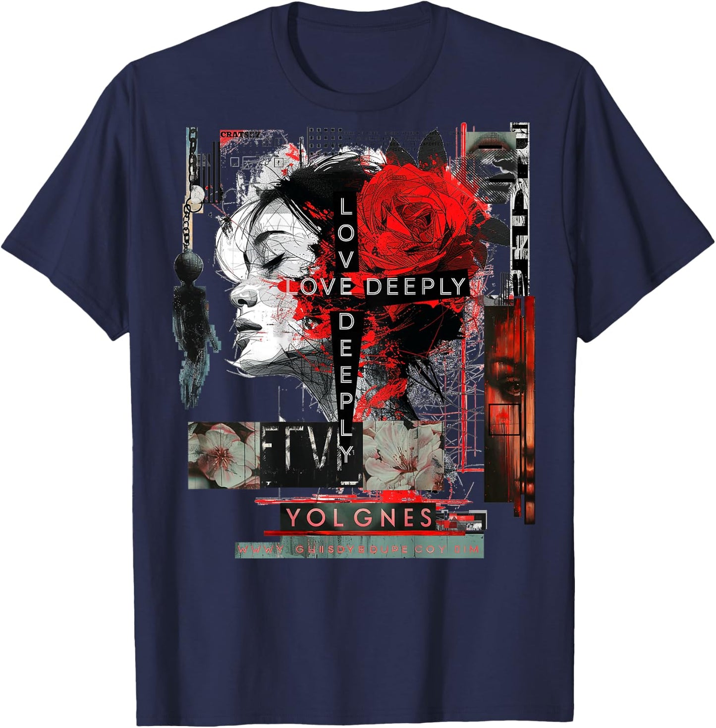 Rose | Backprint | Art Women Graphic Artwork Rose T-Shirt - T-Shirt | Navy