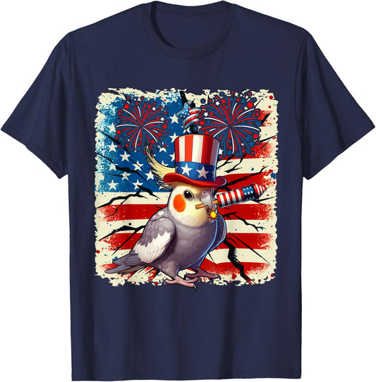 4th Of July US Flag Fireworks Cockatiel Costume Bird Lover T-Shirt - T-Shirt | Navy