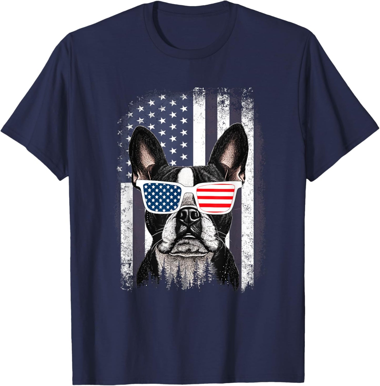 Boston Terrier Dog American Flag 4th of July Sunglasses T-Shirt - T-Shirt | Navy