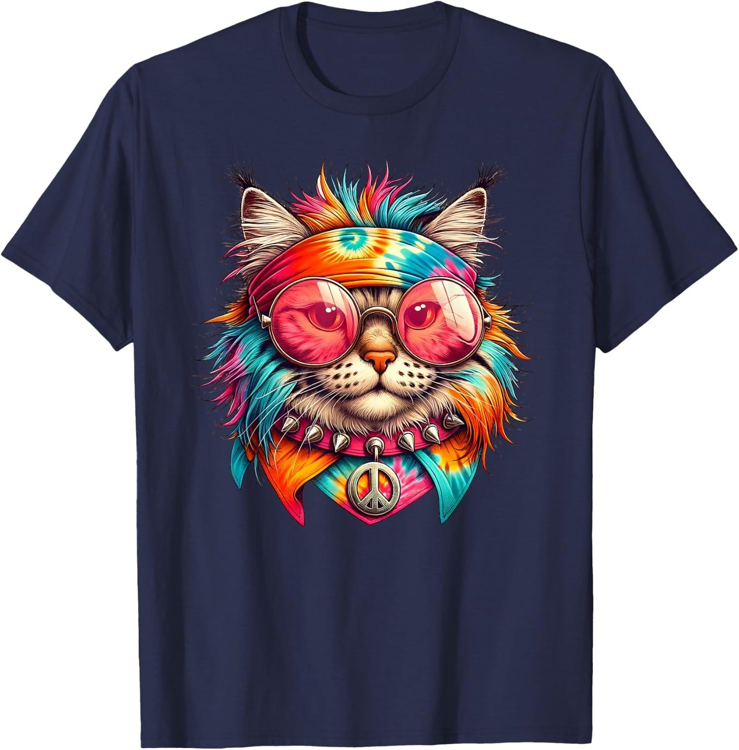Psychedelic Peace Cat Colorful Hippie Retro Groovy Vibes T-Shirt - T-Shirt | Navy