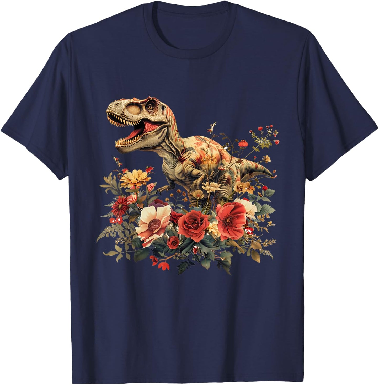 Trex Dinosaur Dino Floral Flower T-Shirt - T-Shirt | Navy