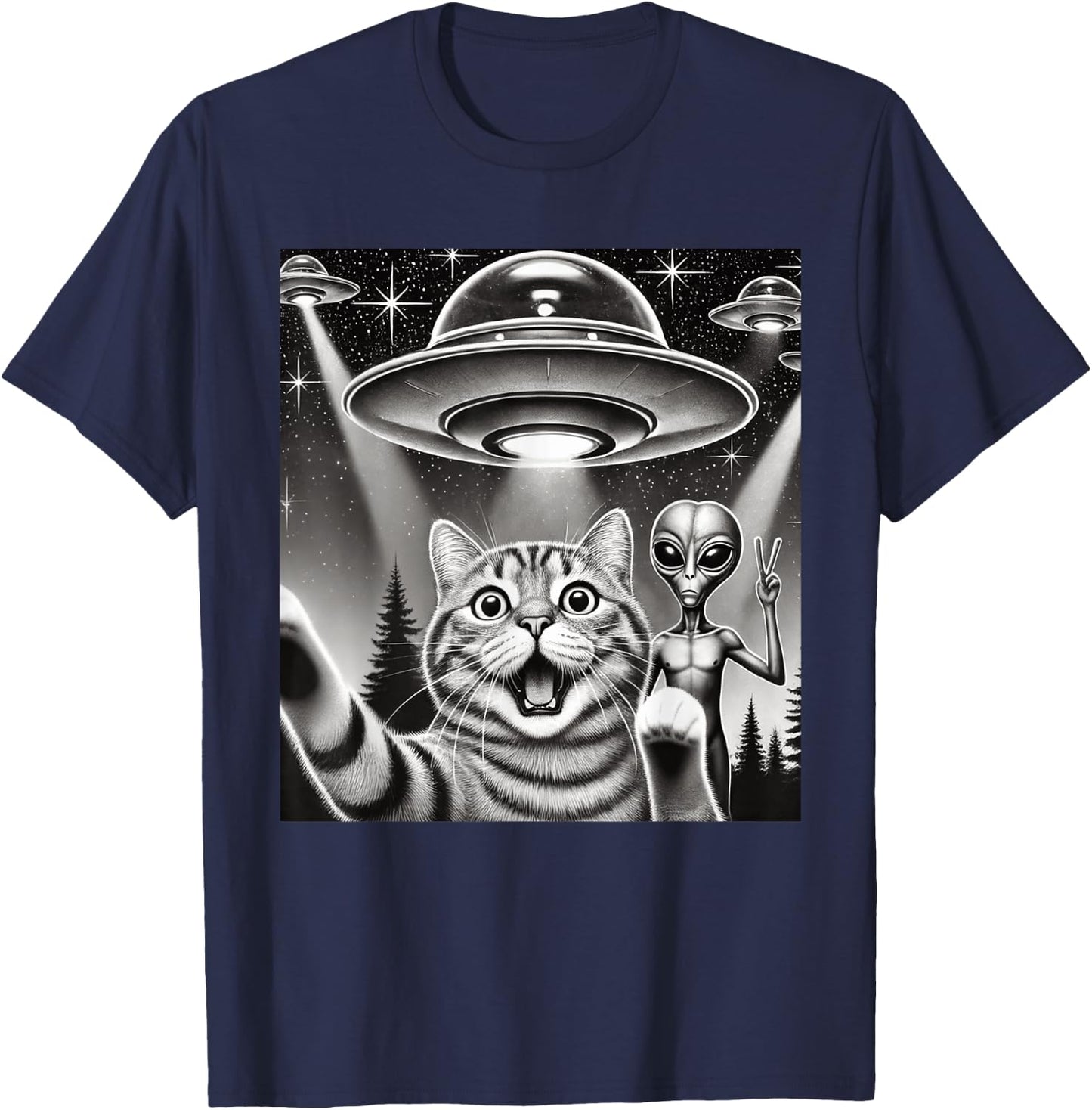 Funny Cat Selfie with UFO Alien Abduction Extraterrestrial T-Shirt - T-Shirt | Navy
