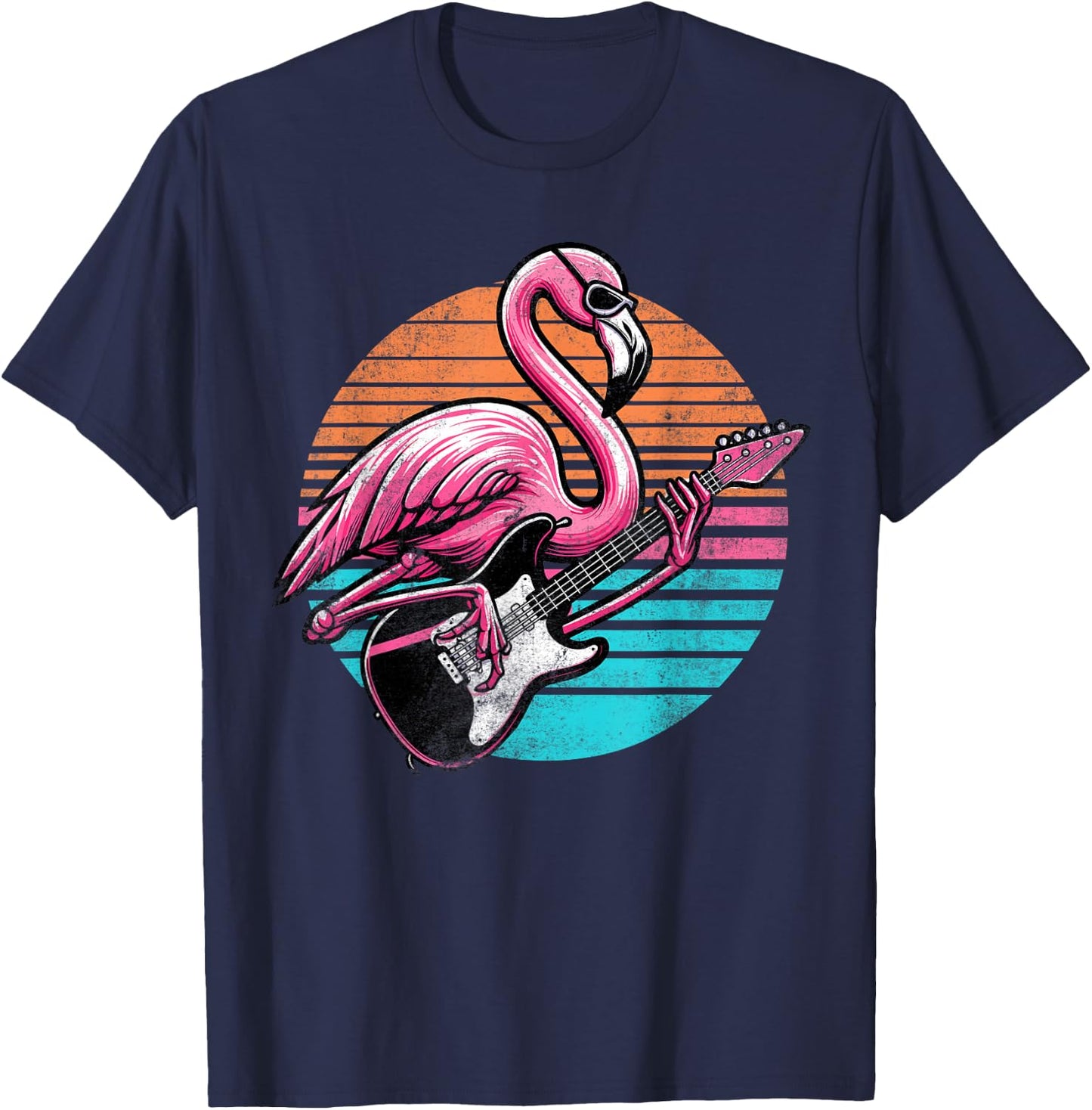 Vintage Style Flamingo Playing Guitar Rock And Roll Retro T-Shirt - T-Shirt | Navy