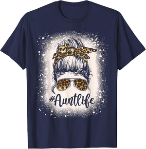 Leopard Aunt Life Messy Bun Bleached Auties Girl Mothers Day T-Shirt - T-Shirt | Navy