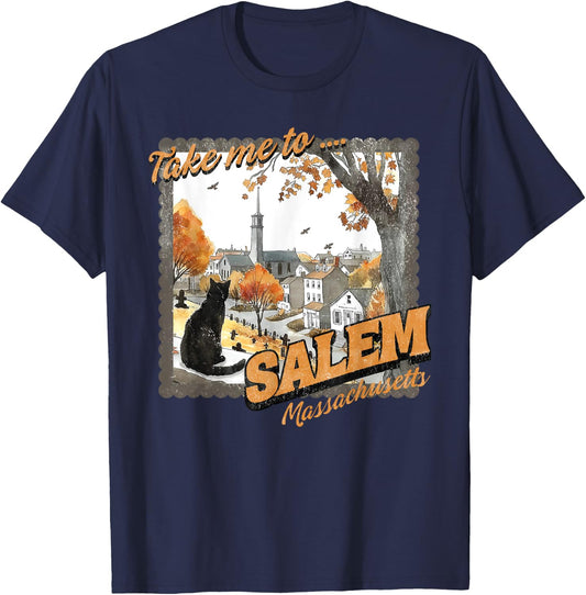 Take Me To Salem Massachusetts Black Cat Witch Halloween T-Shirt - T-Shirt | Navy