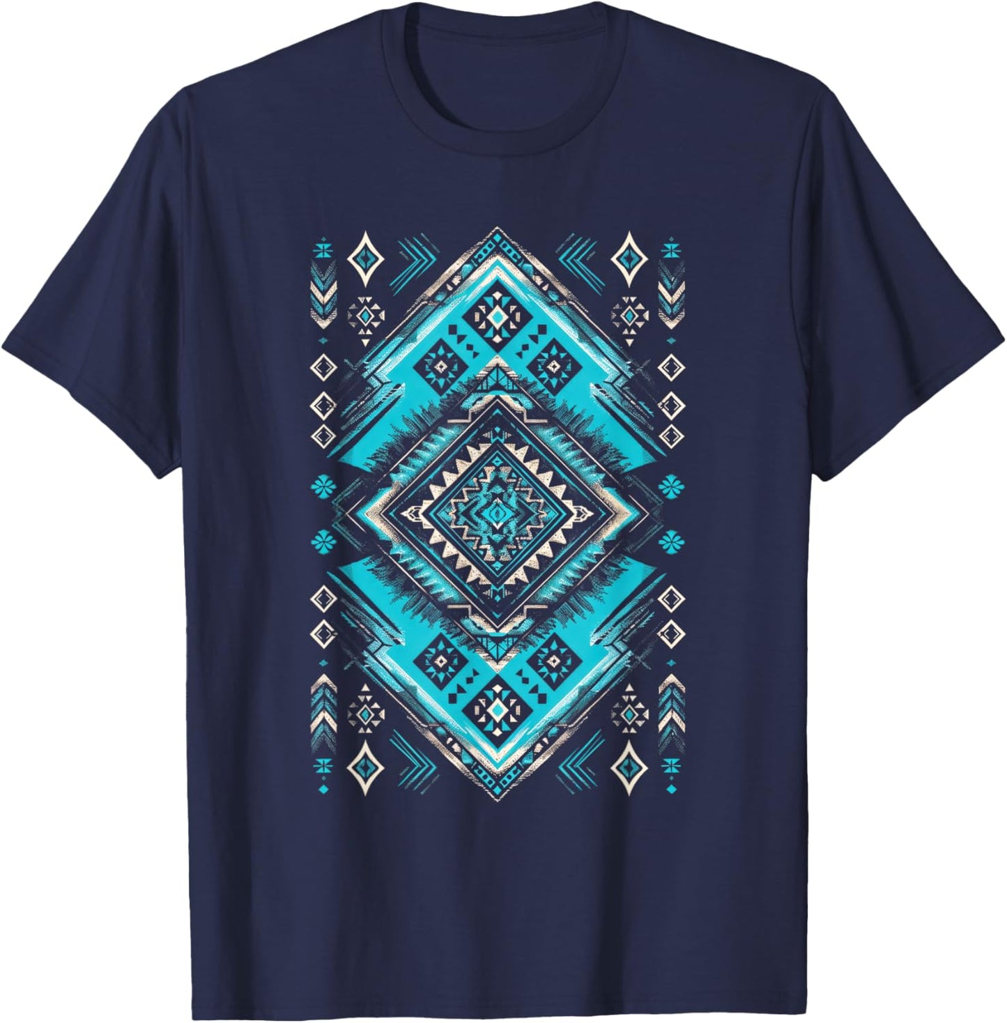 Turquoise Tribal Geometric Southwestern Aztec T-Shirt - T-Shirt | Navy