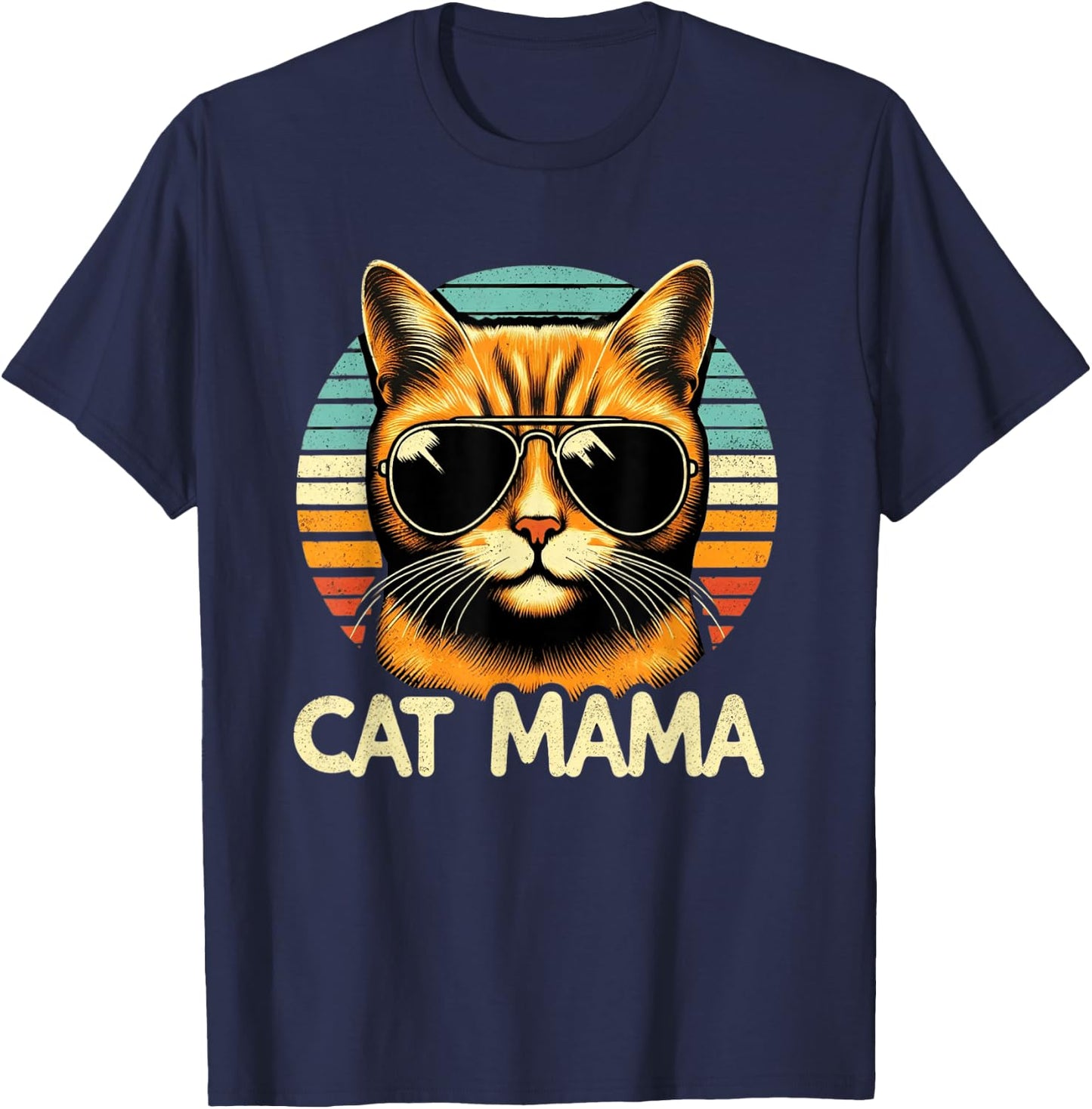 Cat Mama Cool Orange Cat Mother's Day Retro Cat Mom T-Shirt - T-Shirt | Navy