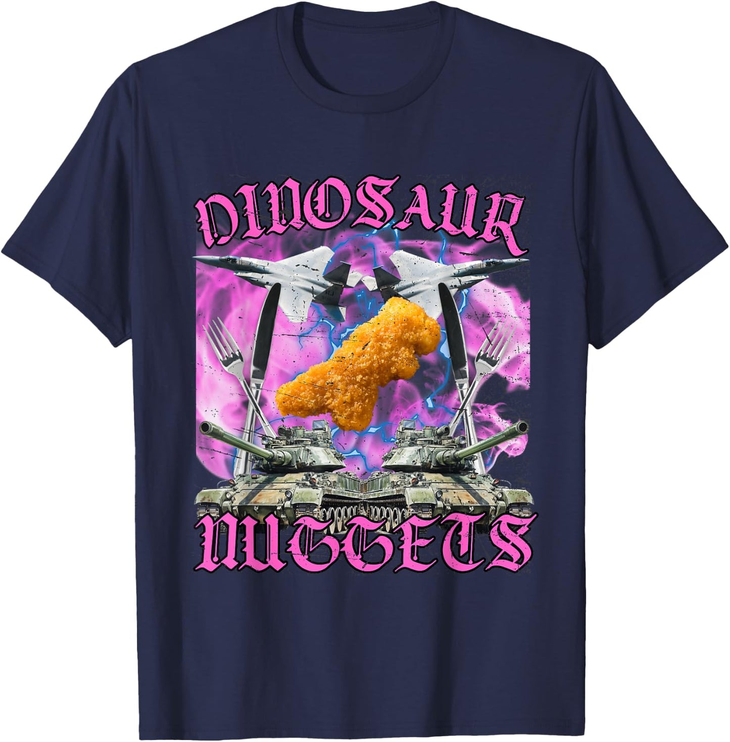 Funny Dinosaur Chicken Nugget Bootleg Hardcore Flames Meme T-Shirt - T-Shirt | Navy