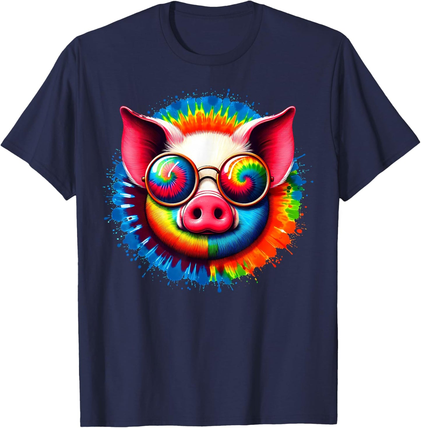 Cool Tie Dye Sunglasses Pig Graphic Illustration Art T-Shirt - T-Shirt | Navy