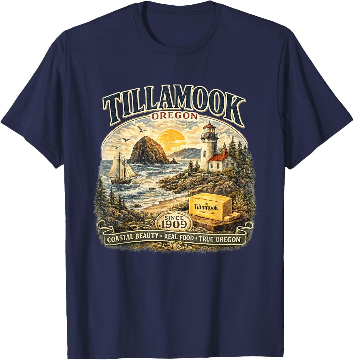 Tillamooks Coastal Beauty Retro Oregon Coast Pacific NW T-Shirt - T-Shirt | Navy