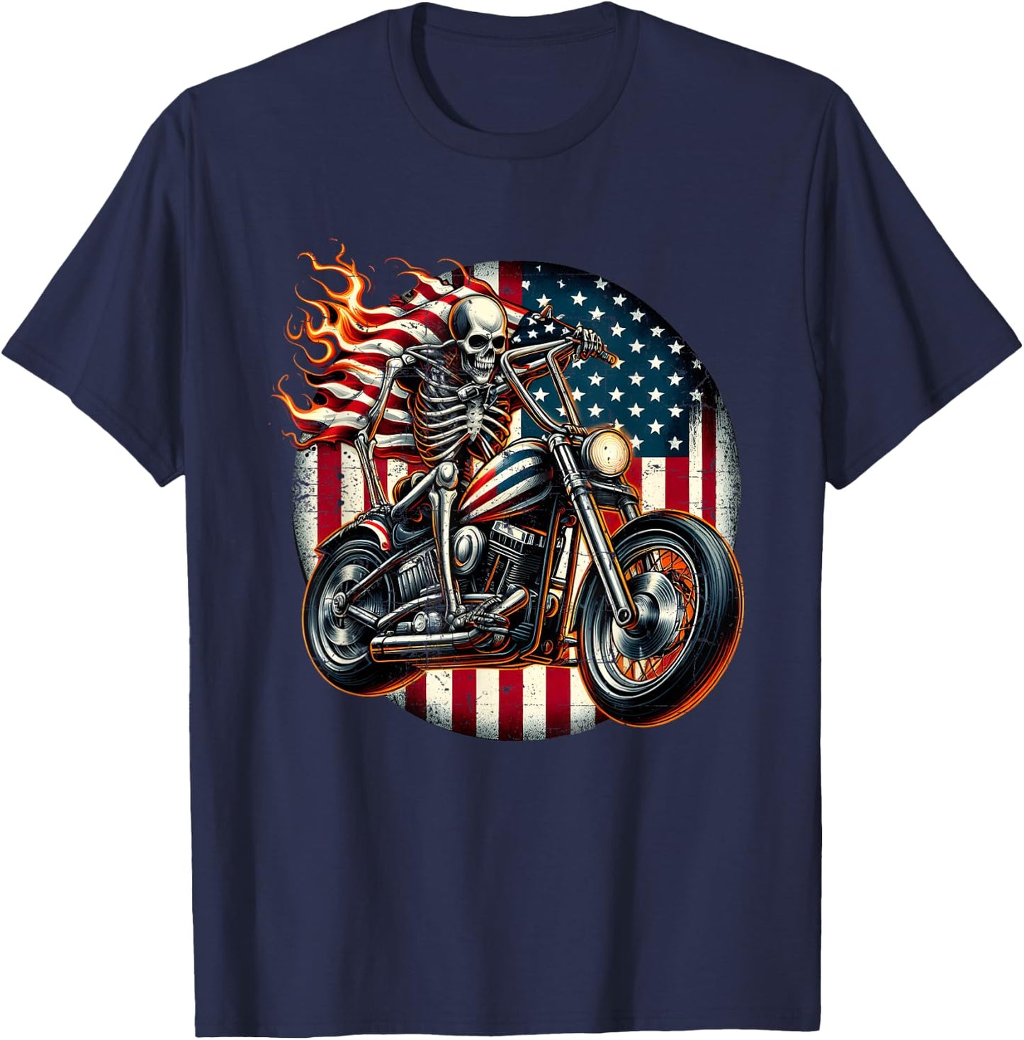 USA Flag Motorcycle Skeleton Biker 4th July American Patriot T-Shirt - T-Shirt | Navy