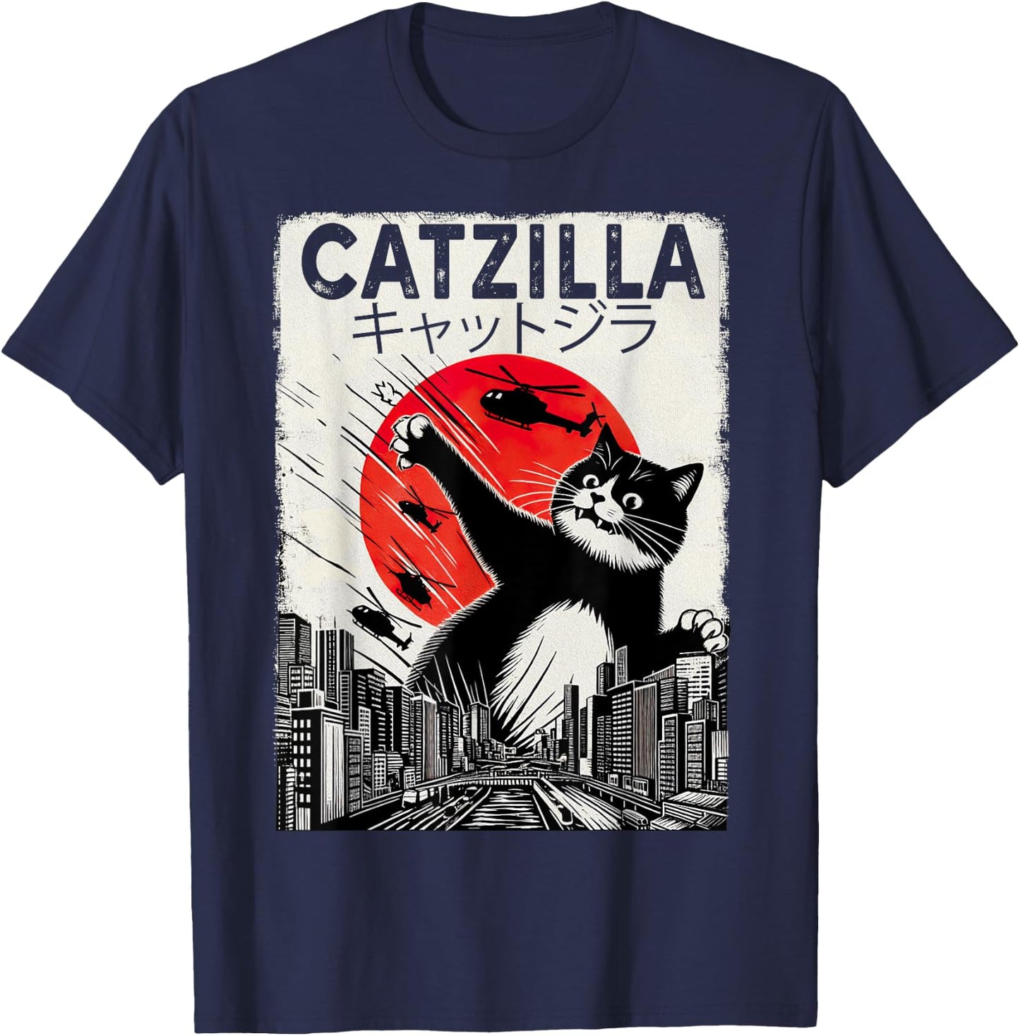 Vintage Catzilla - Funny Tuxedo Cat And Kitten T-Shirt - T-Shirt | Navy