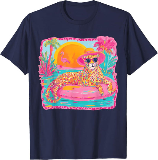 Preppy Tropical Leopard Summer Beach Vacation Women Girl T-Shirt - T-Shirt | Navy