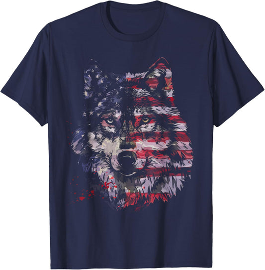 Wolf American Flag USA Patriotic Wolf Lover T-Shirt - T-Shirt | Navy