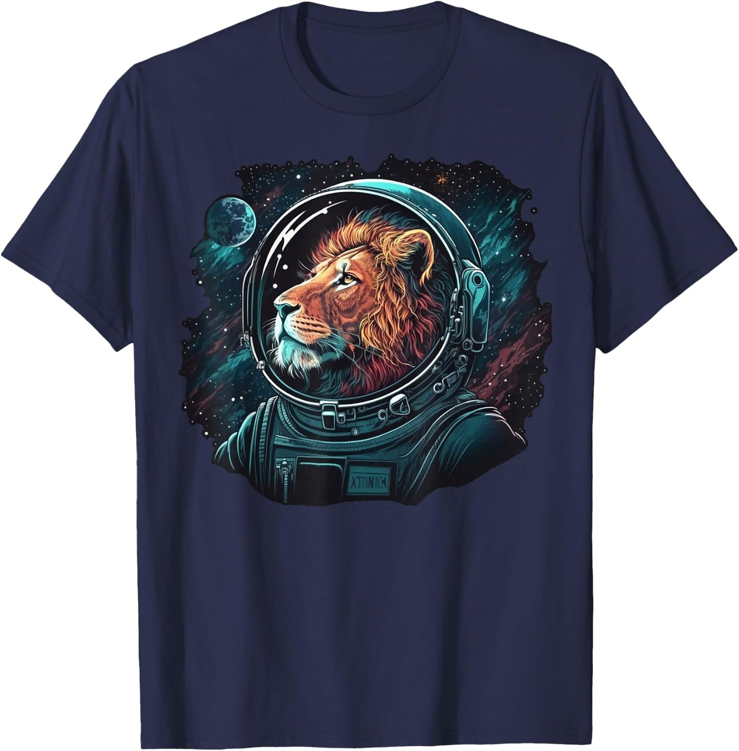 Outer Space Lion on Galaxy Astronaut Lion T-Shirt - T-Shirt | Navy