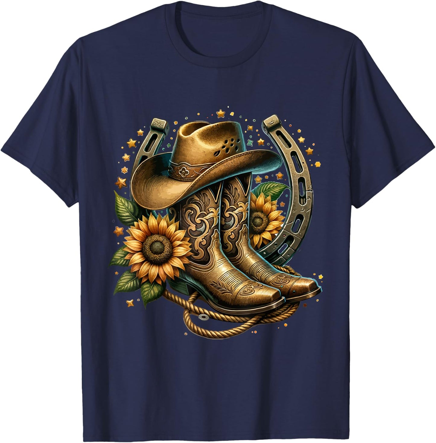 Vintage Rustic Western Country Cowboy Boot Art - Women's Western Themed Floral Boot, Rope & Hat - Black, Small T-Shirt - T-Shirt | Navy