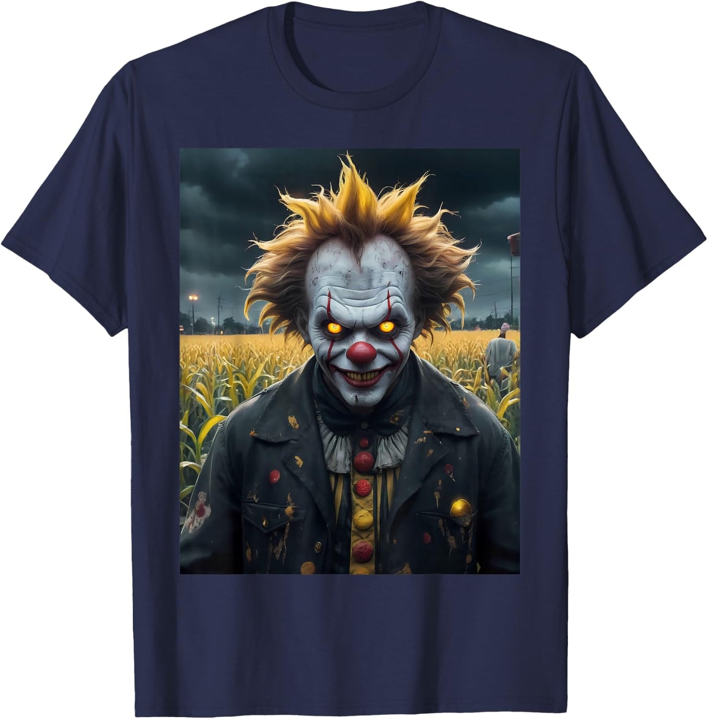 Evil Clown a Corn Field Monster Dark Horror Scary Spooky T-Shirt - T-Shirt | Navy