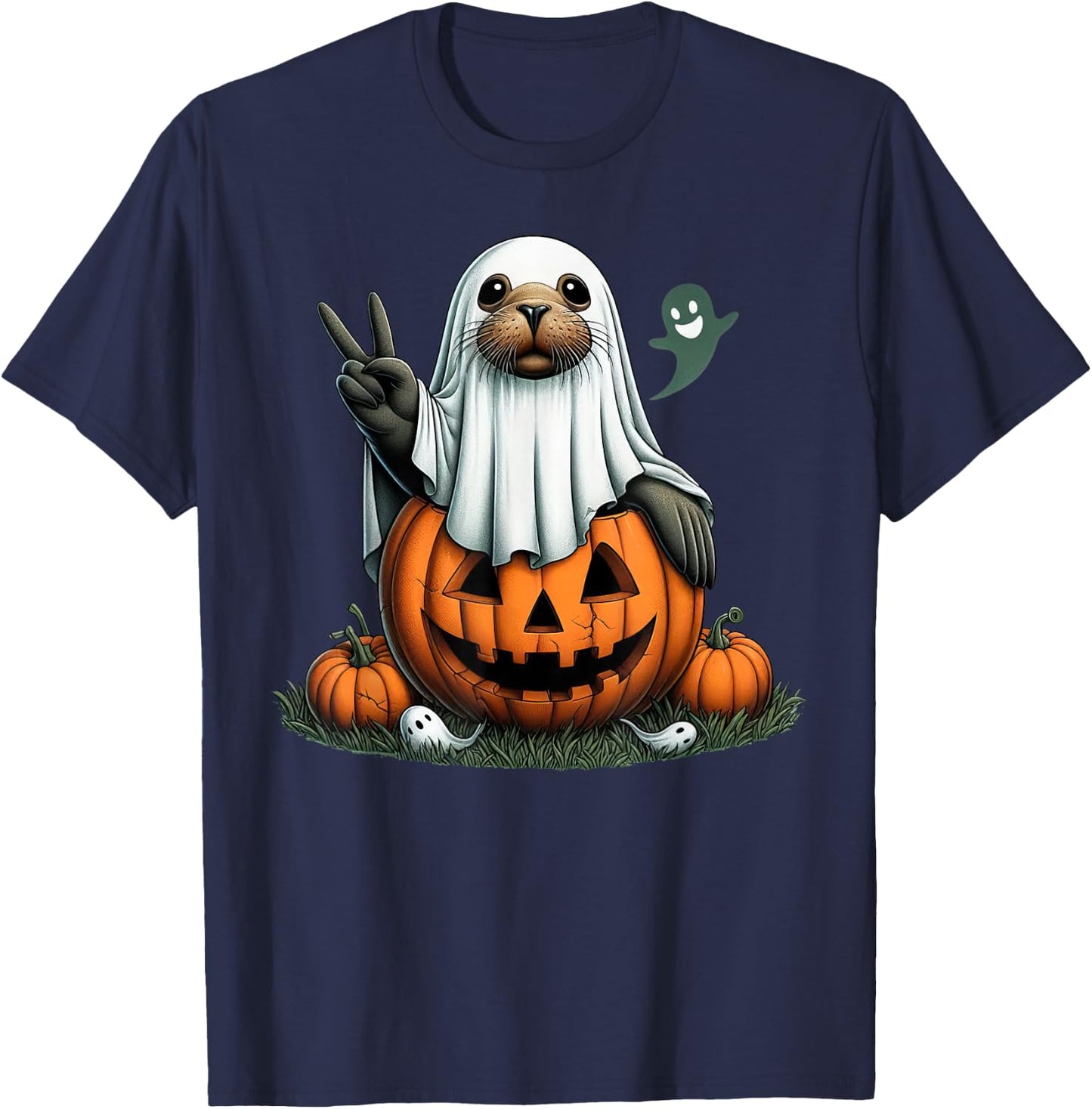 Funny Sea Lion Boo Halloween Ghost Kids T-Shirt - T-Shirt | Navy