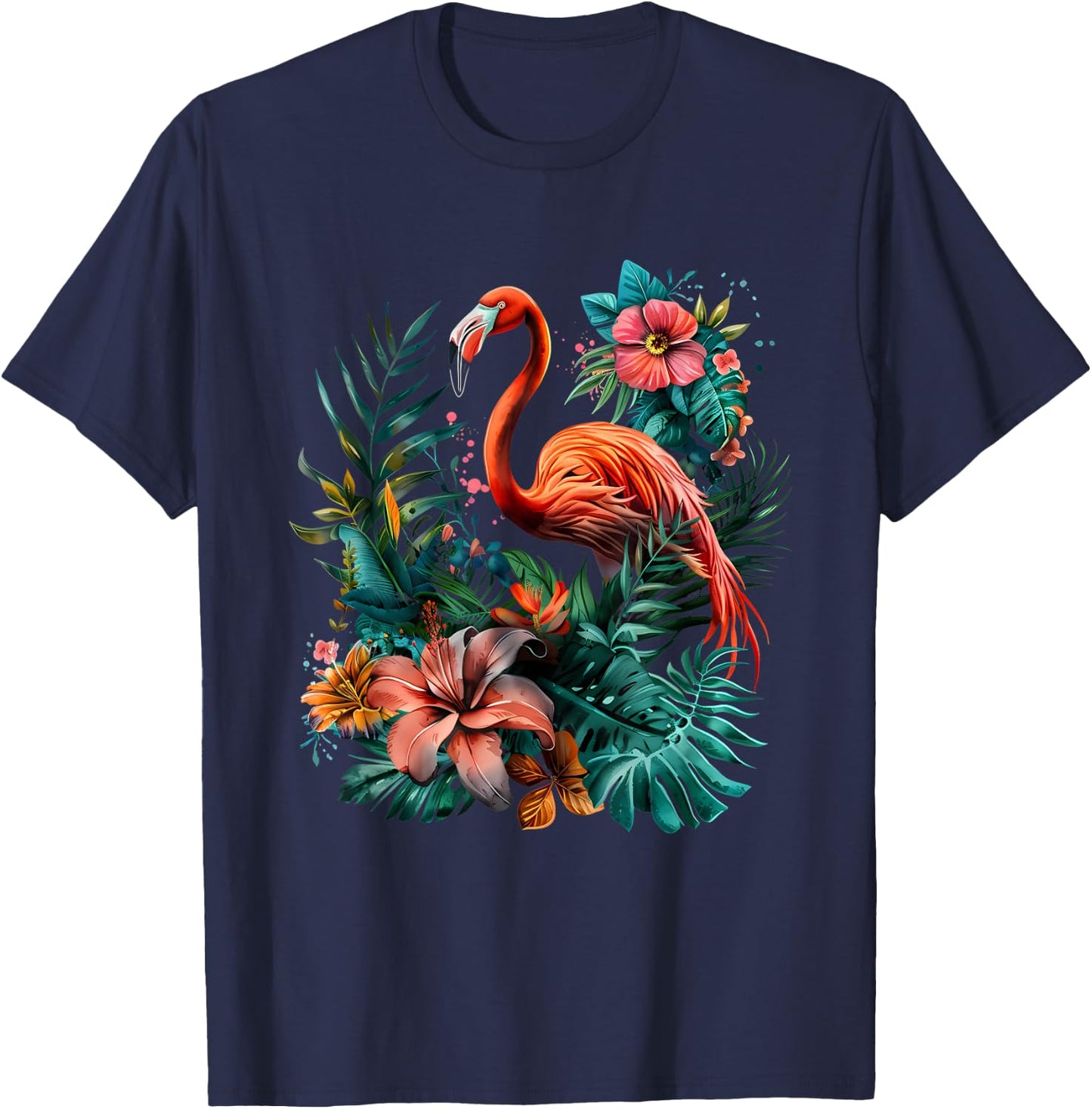 Pink Flamingo Bird Floral Artwork Nature Pink Flamingo Bird T-Shirt - T-Shirt | Navy
