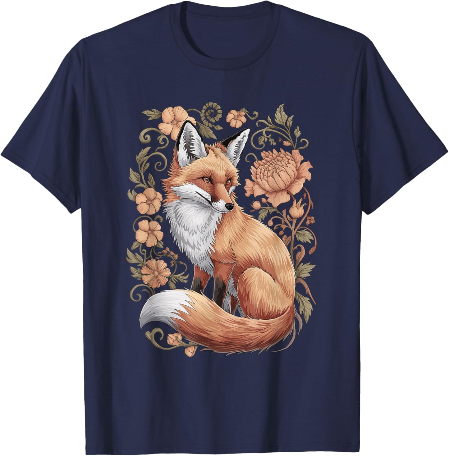 Fox Silhouette Floral Flowers Foxes Goblincore Aesthetic T-Shirt - T-Shirt | Navy