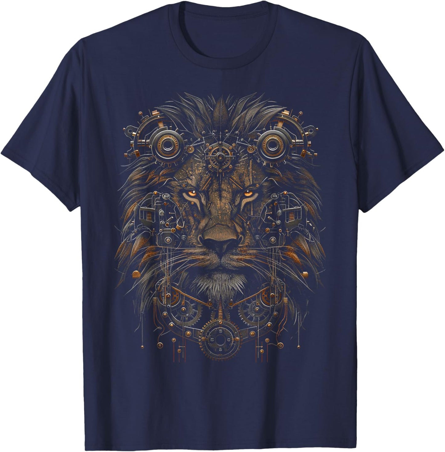 Steampunk Lion Bronze And Black Artwork Graphic T-Shirt - T-Shirt | Navy