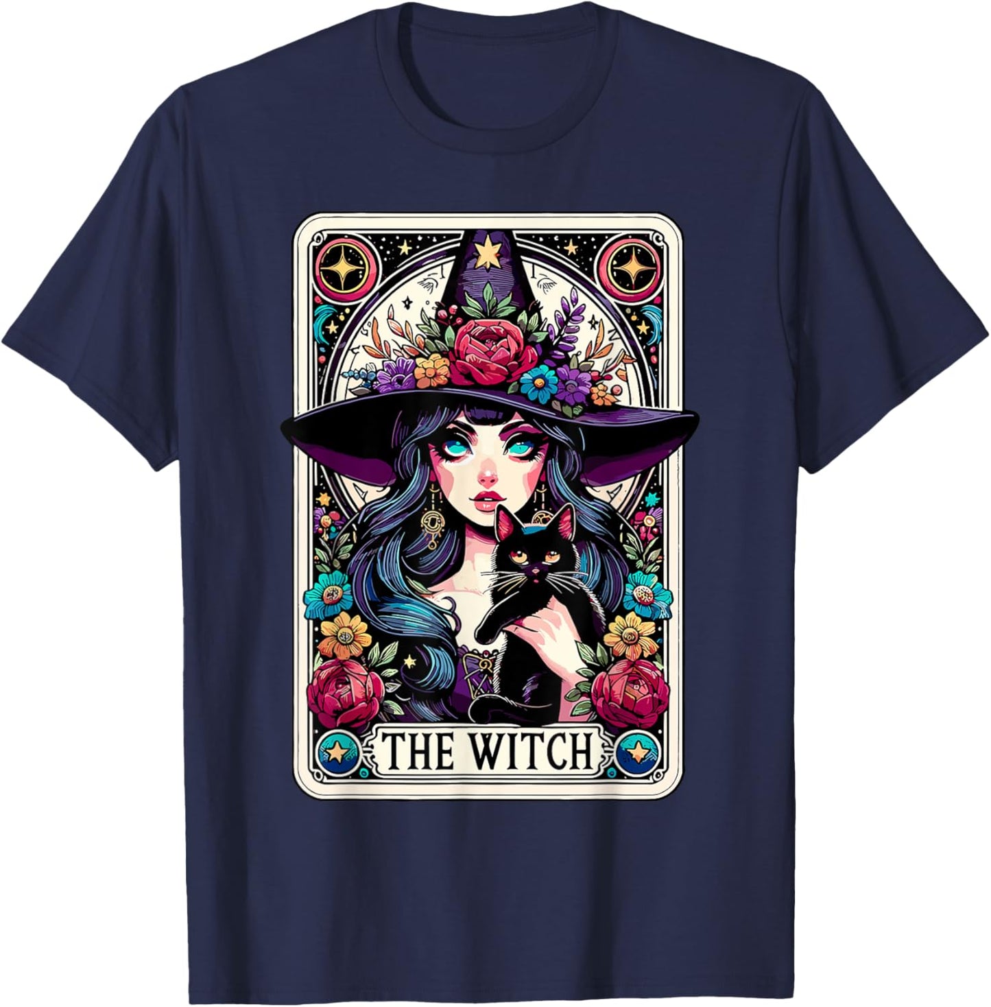 The Witch Tarot Card Halloween Gothic Witchy Vibes Black Cat T-Shirt - T-Shirt | Navy