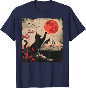 Vintage Japan Art Japanese Theme Retro Print Black Cat T-Shirt - T-Shirt | Navy