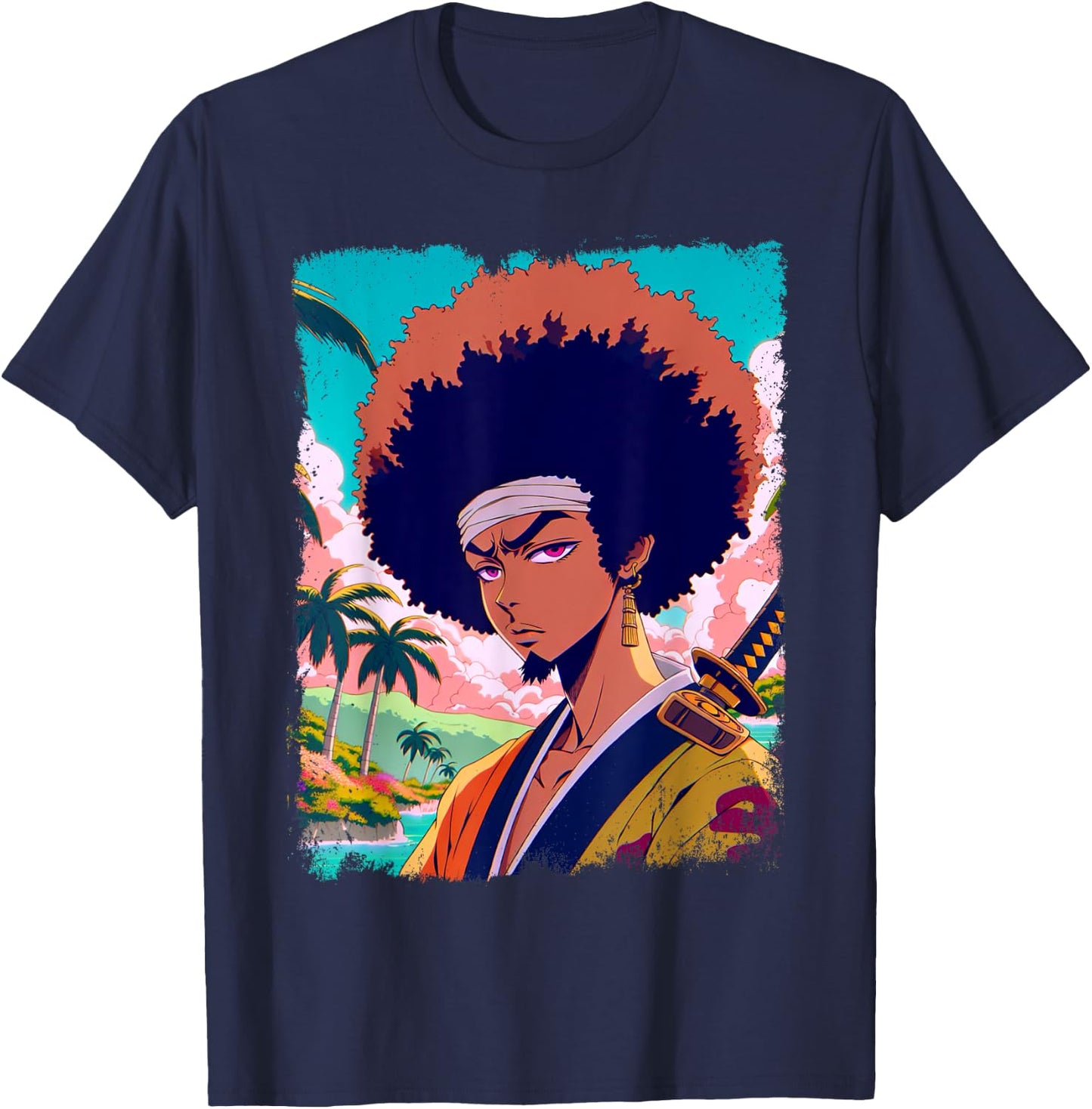 Afro-American Samurai Anime Manga Fighter Japanese Graphic T-Shirt - T-Shirt | Navy