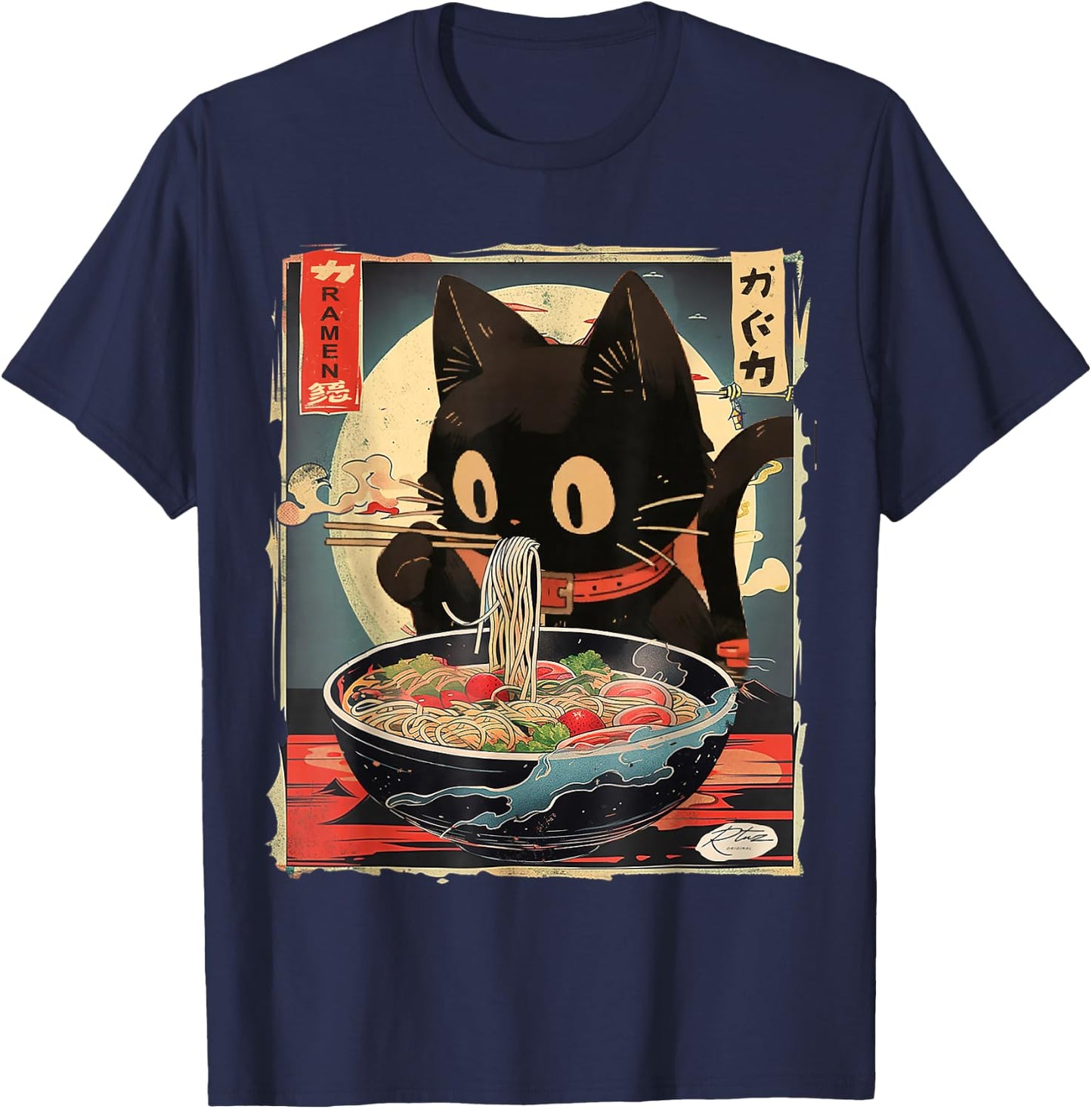 Cat Ramen Manga Anime for Kids Boys Girls Teens Kawaii Cat Eating Ramen Noodles Anime Gift Girls Teens T-Shirt - T-Shirt | Navy